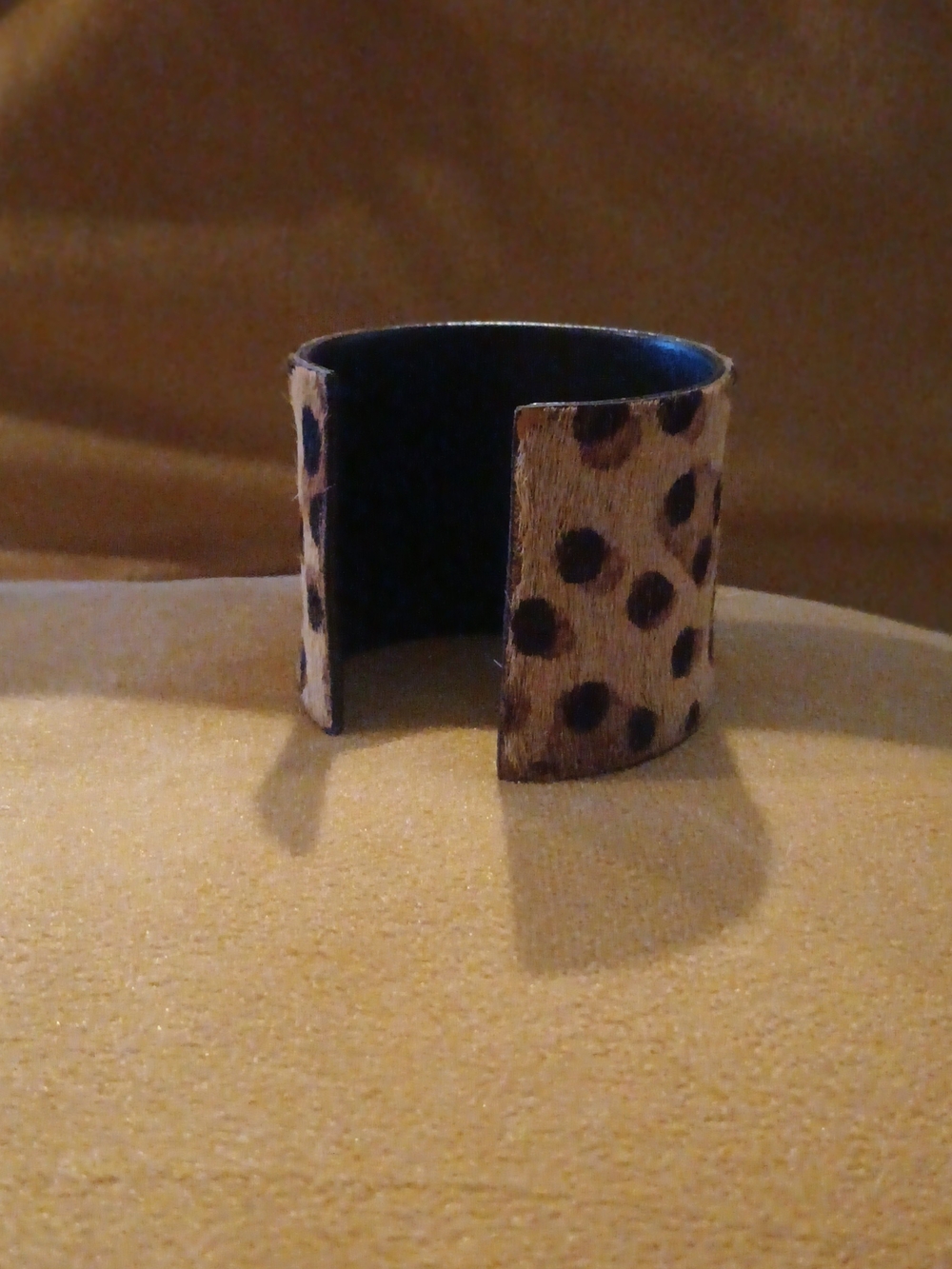 Cowhide Open Cuff Bracelet In Leopard Print - Brown